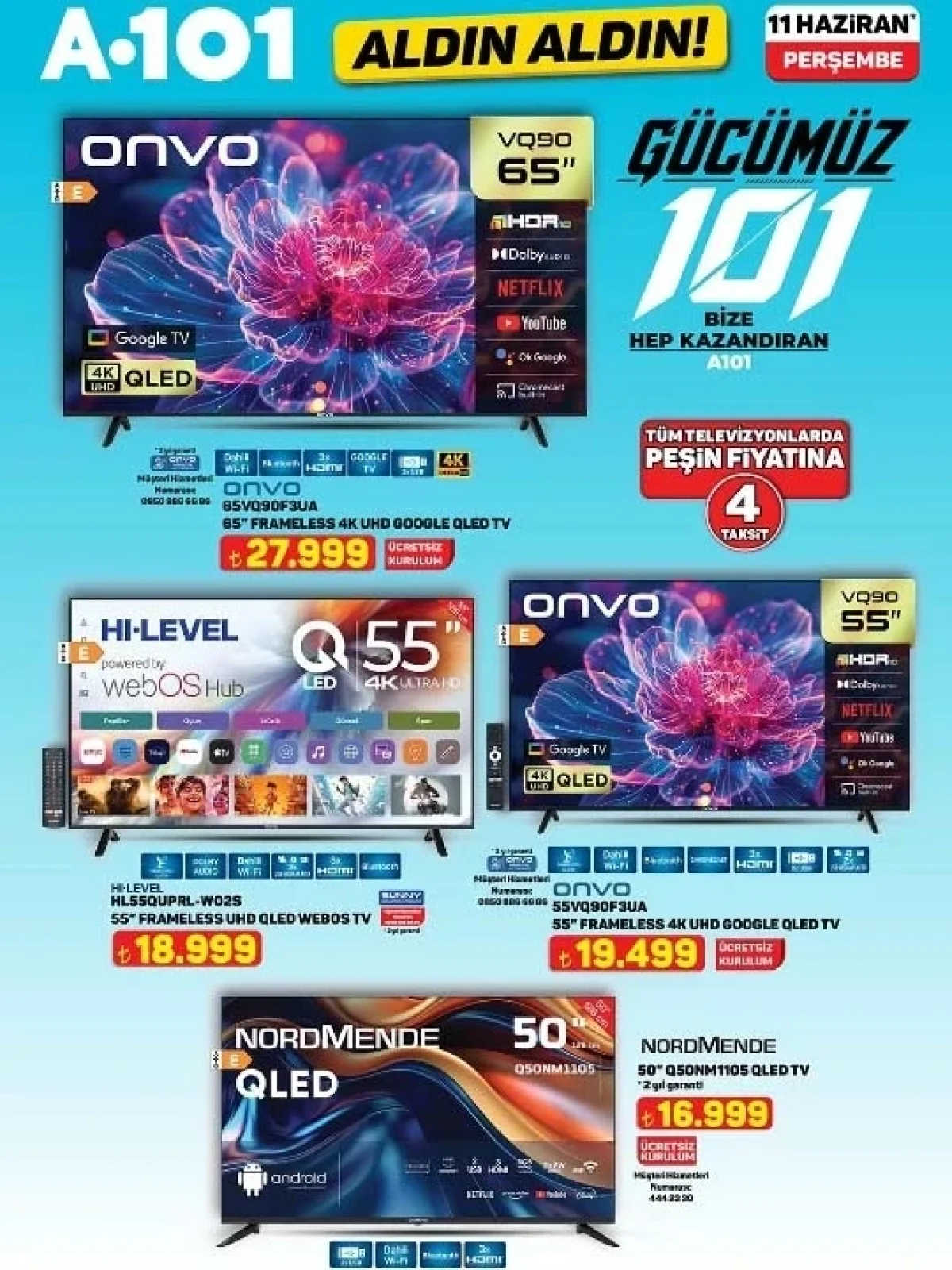 A101 kataloğunda çeşitli televizyon modelleri ve fiyatları